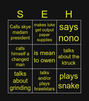 Seth Bingo Card