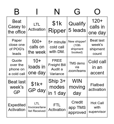 Load Legend$ Freight Bingo Card