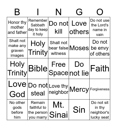 Ten Commandments Bingo Card