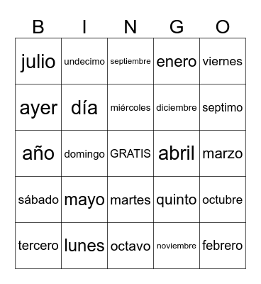 Los días de la semana y los meses del año Bingo Card
