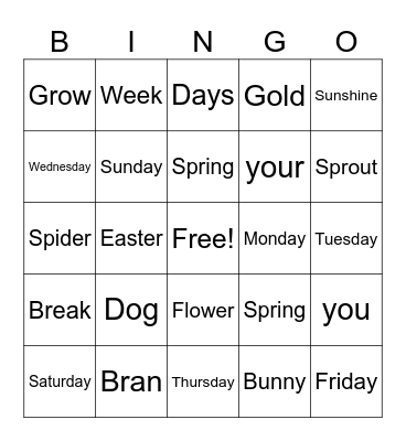 Spring Days Bingo Card
