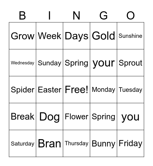 Spring Days Bingo Card