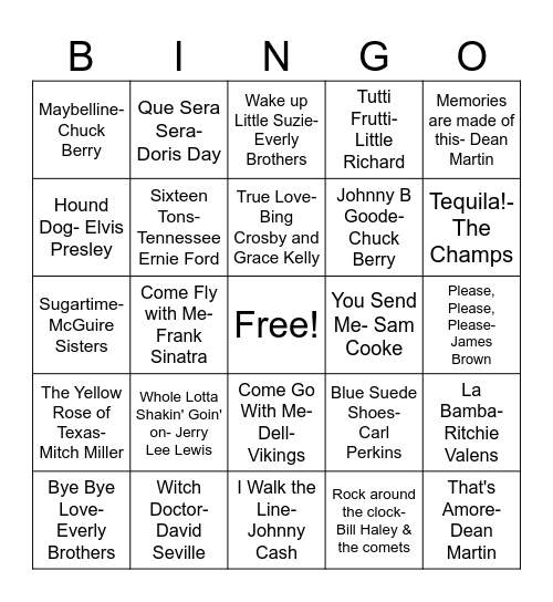 50's Bingo! Bingo Card