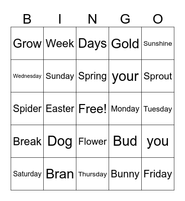 Spring Days Bingo Card