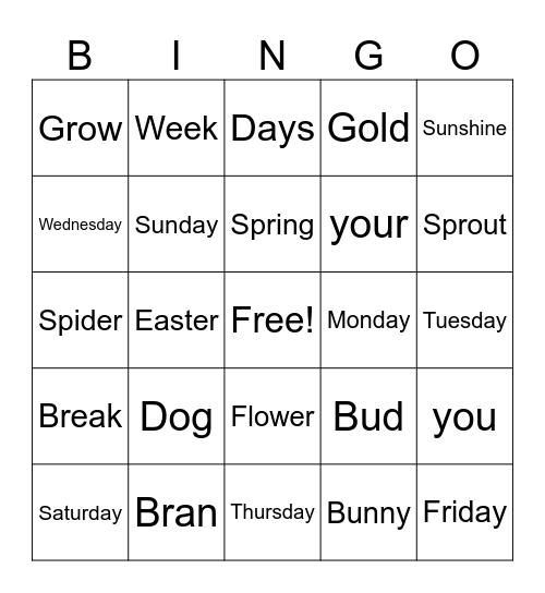 Spring Days Bingo Card