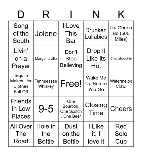 Pub Songs Bingo Card