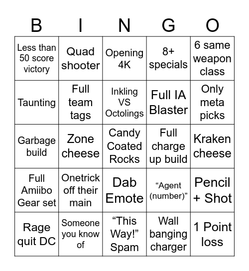 Splatoon Open bingo Card