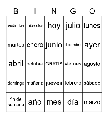 Los días de la semana y los meses del año Bingo Card