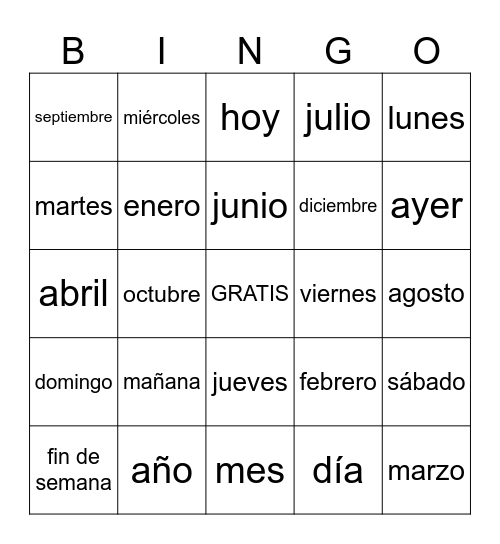 Los días de la semana y los meses del año Bingo Card