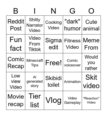 Youtube Bingo Card
