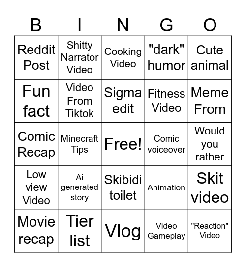 Youtube Bingo Card