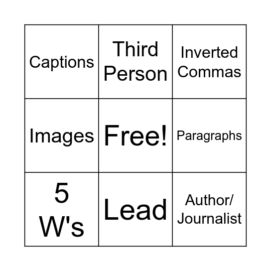 Newspaper Article Writing Bingo Card