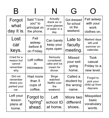 Tired Teacher Bingo Card