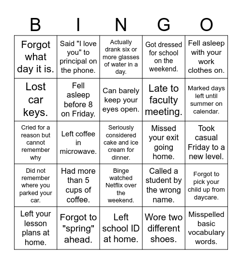 Tired Teacher Bingo Card