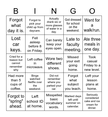 Tired Teacher Bingo Card