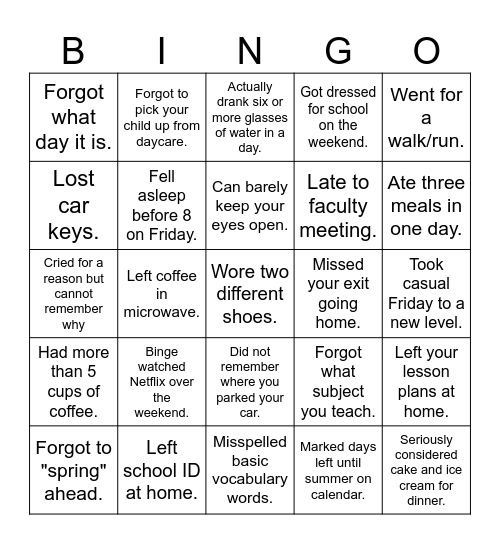 Tired Teacher Bingo Card