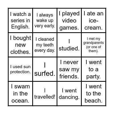 My summer holiday routines Bingo Card