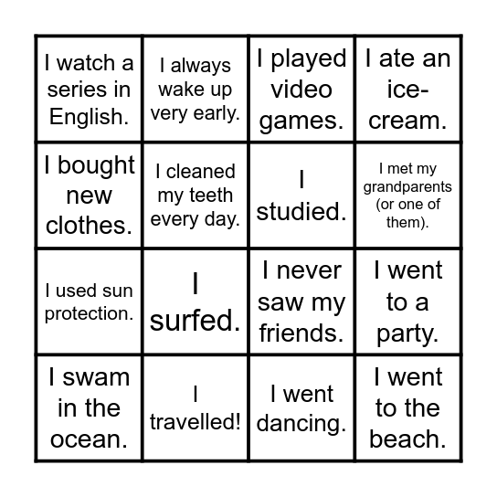 My summer holiday routines Bingo Card