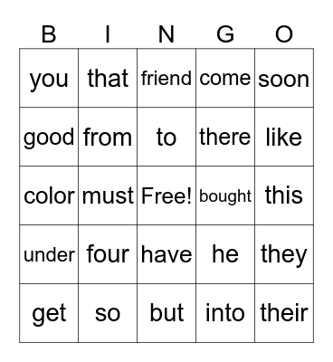 Sight Word Bingo Card