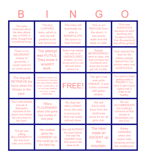 Context Clues Bingo Card