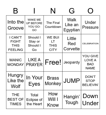 The 80's Bingo Card