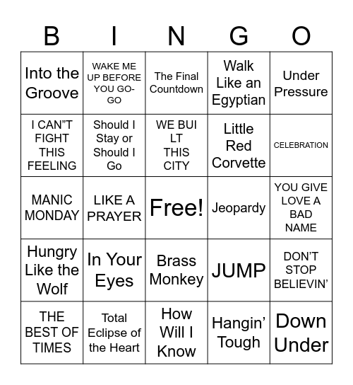 The 80's Bingo Card