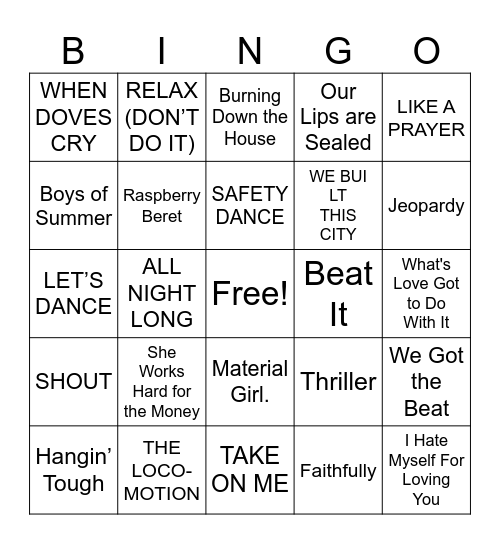 The 80's Bingo Card