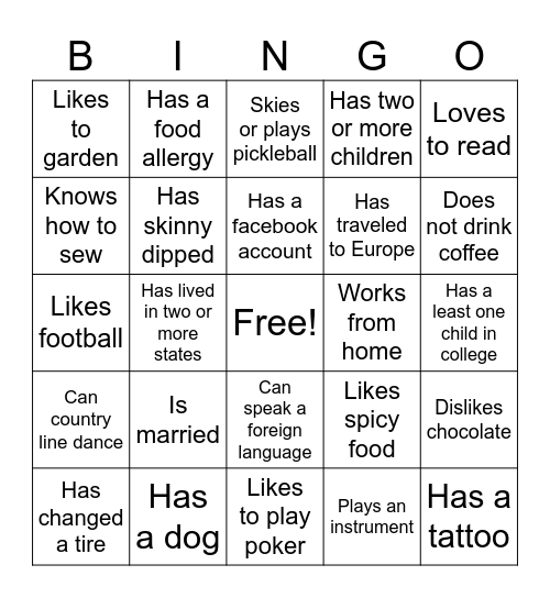 Get Acquainted Bingo Card