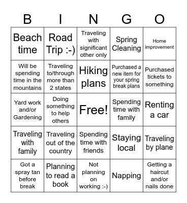Spring Break Plans Bingo Card