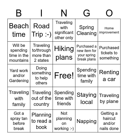 Spring Break Plans Bingo Card