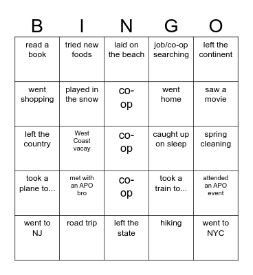 APO spring break bingo! Bingo Card