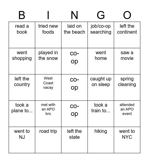 APO spring break bingo! Bingo Card