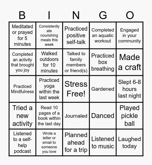 Stress Bingo Card