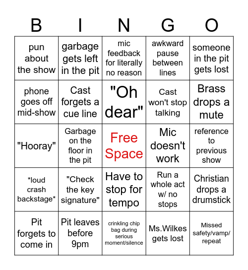 Guys and Dolls Tech Week Bingo Card