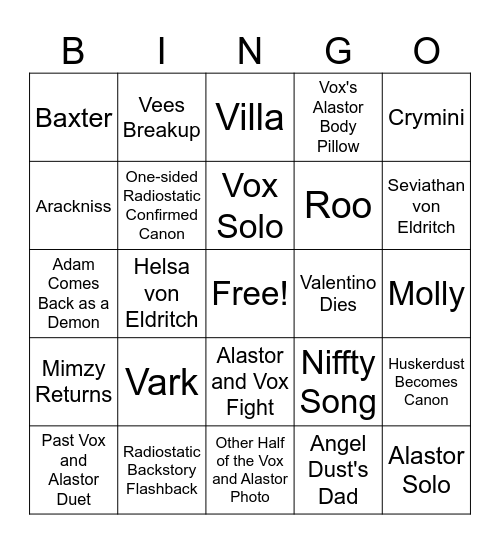 Hazbin Season 2 Bingo Card