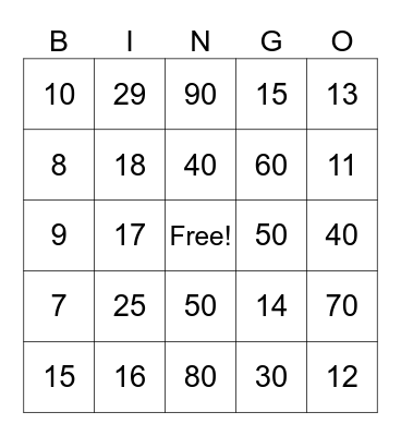 Number Bingo Card