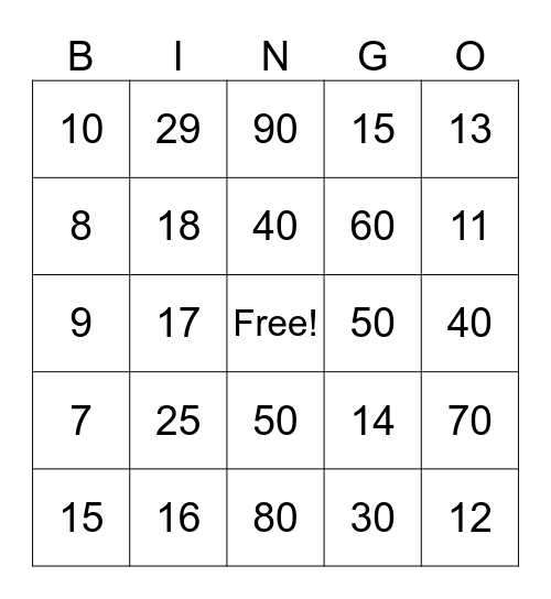 Number Bingo Card