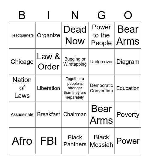 Black Panthers & FBI Bingo Card