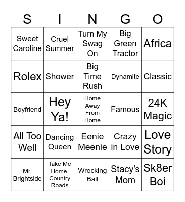 The Living Room Singo Bingo Card