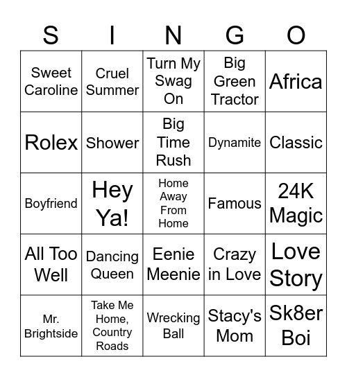 The Living Room Singo Bingo Card