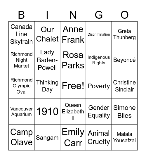 Girl Guide Bingo Card