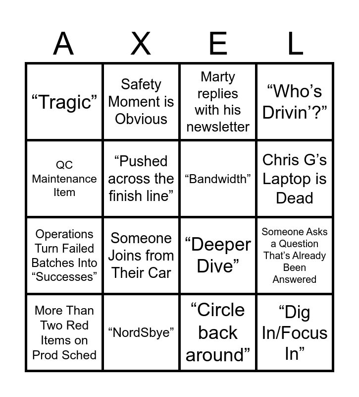Production Meeting Bingo Card