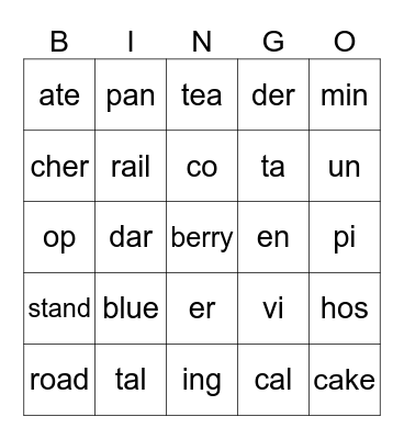 Syllables Bingo Card