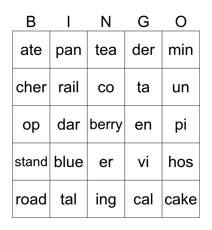 Syllables Bingo Card