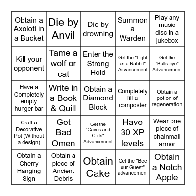 Minecraft Lockout Bingo Card