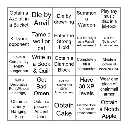 Minecraft Lockout Bingo Card