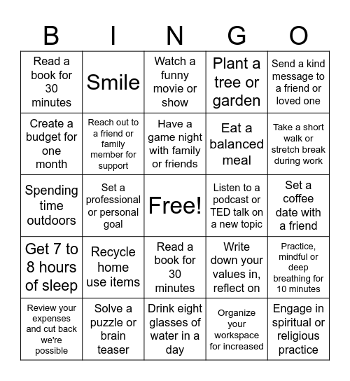 JC Schools Dimensions Of Wellness Bingo Card