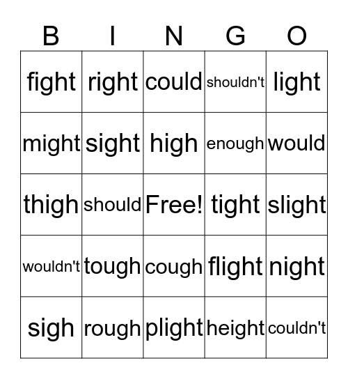 -ough, -igh, -ight, -ould Bingo Card
