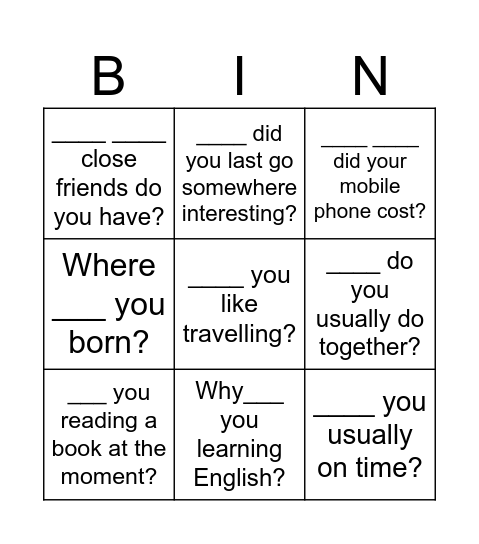 Revision: questions Bingo Card