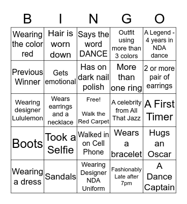 RED CARPET Bingo Card